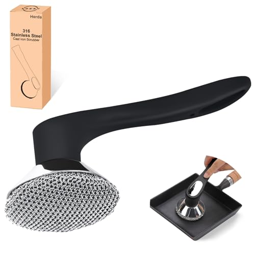 Image of Cast Iron Cleaner Scrubber with Long Handle- Welded Fine Chain Mail Scrubber Skillet Cleaning Kit- Metal Brush Chain Scrubbing Sponge to Clean Skillet, Stove, Griddle, Wok, Dutch Oven