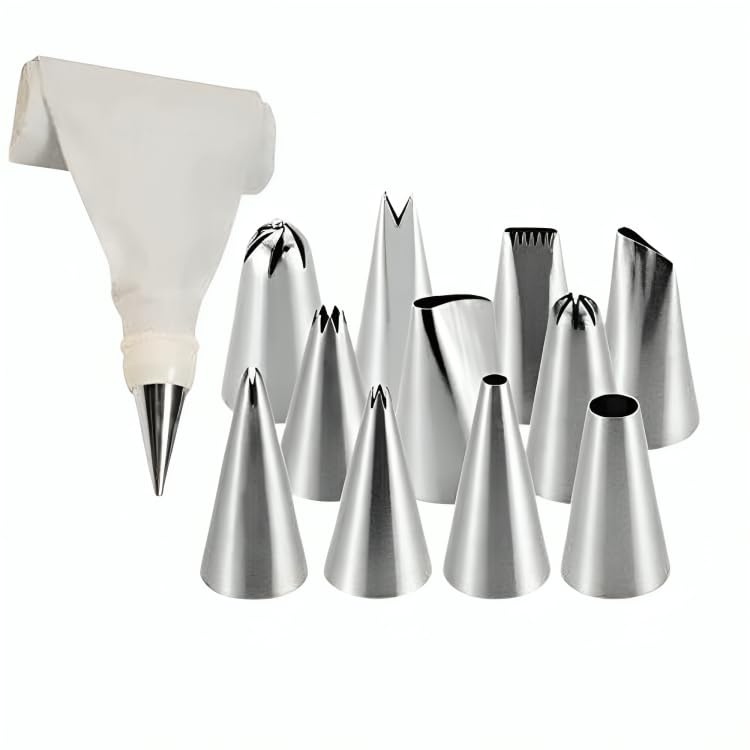 Sthavar Stainless Steel Nozzel Set with Icing N Piping Bag Reuseable N Washable 13 Pc Set | Cake Decoration N Frosting |Essential Bakeware Cake Nozzle.