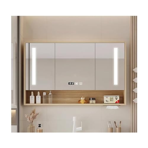 Espejo de baño LED regulable con función antivaho montado en la pared, 100 cm, solución de almacenamiento iluminada de madera