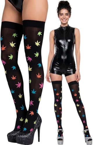 Image of ToBeInStyle Women's Crew Calf Fun Socks Marijuana Weed Leaf Print Novelty Statement Hosiery