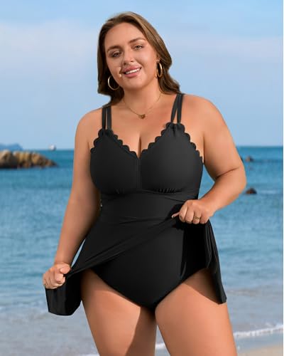 Charmo Plus Size Swimsuit for Women Swim Dress Scalloped One Piece Tummy Control Bathing Suit Ruched Swim Suits 20253