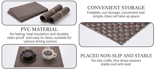 Image of Dribble Premium Anti UV-Mesh Woven PVC Table Placemats Set of 6 - Non-Slip, Heat Resistant, Washable Dining Table Mats for Kitchen, Dining & Office - 45cm X 30cm Durable Textured Design (Brown)