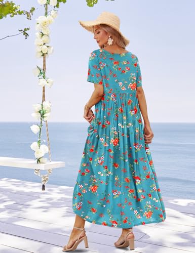 Image of YESNO Women Casual Loose Bohemian Floral Dress with Pockets Short Sleeve Long Maxi Summer Beach Swing Dress EJF