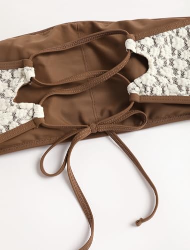 Image of ZAFUL Women Strapless Textured Bandeau Bikini 2 Piece Swimwear Cheeky Solid Lace up Bathing Suits