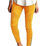 fesfesfes Women High Waist Skinny Stretch Pants with Side Zipper Deaign Pencil Trousers Fashion Trendy Casual Leggings Yellow