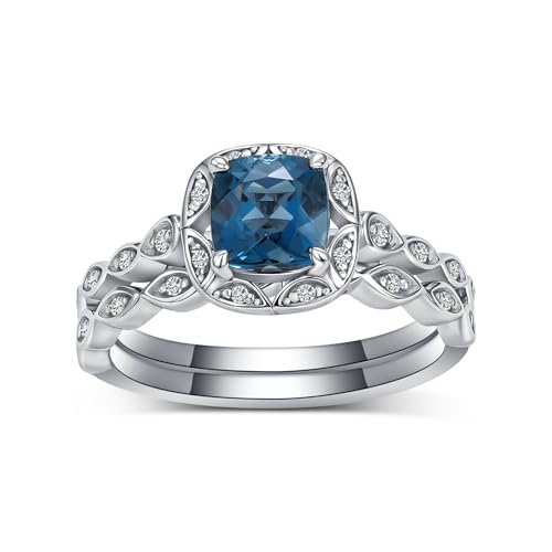 Natural Topaz Center Wedding Rings Sets, S925 Cushion Cut London Blue Topaz Engagement Ring Sets 18K White Gold Platinum PlatedBridal Ring Sets for Women Her Gift for Anniversary Wedding