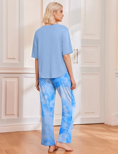 Image of Ekouaer 2 Pack Womens Pajamas Sets Short Sleeve Long Pants Pjs Lounge Set