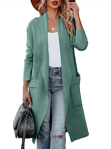 Maavoki Strickjacke Damen Lang Offene Front Herbst Cardigan mit Tasche Casual Einfarbig Warm Strickmantel, Mintgrün, S