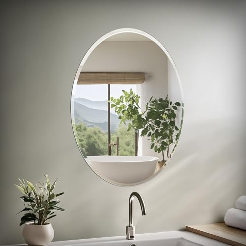 Image of Gatco 1801 Bathroom Wall Mirror, 32 inchH x 24 inchW Modern mirror for Living Room, Vanity, Slim Design Beveled Frameless Large Oval mirror - Easy Mount Safety Bracket