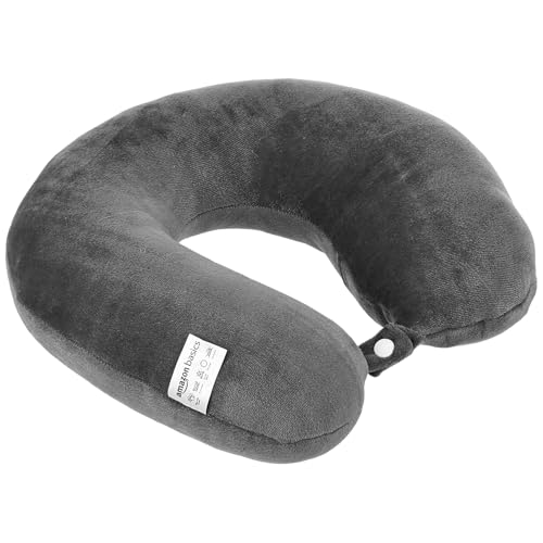 Amazon Basics Travel Neck Pillow | Soft Velvet Fabric | Ergonomic & Orthopedic Neck Support, Pain Relief & Posture Correction | Ideal for Airplanes, Trains, Cars, Office & Home I Grey