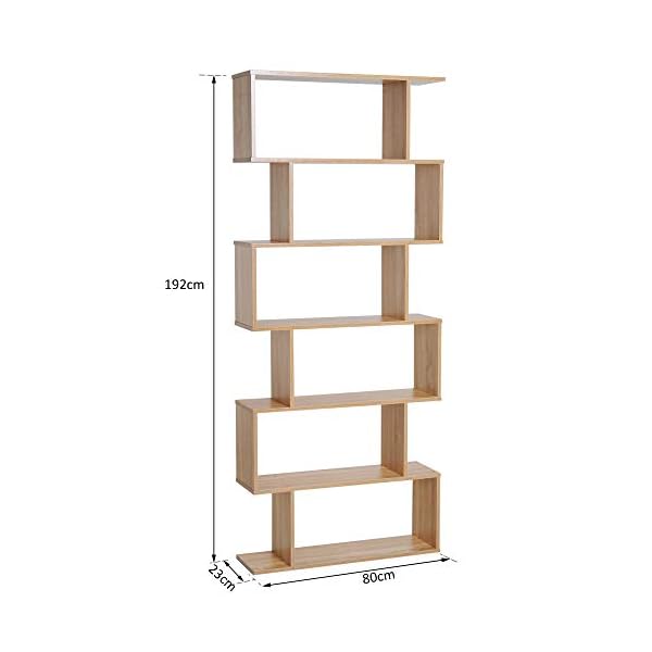 HOMCOM Wooden Wood S Shape Storage Display 6 Shelves Room Divider Unit Chest Bookshelf Bookcase Cupboard Cabinet Home Office Furniture (Oak) - Image 3