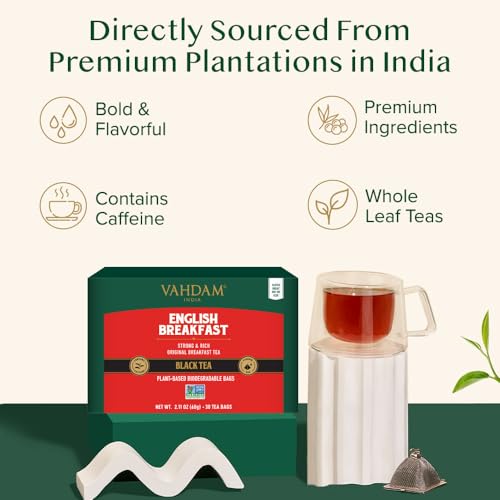 VAHDAM, English Breakfast Black Tea Bags (30 Count) High Caffeine | Strong, Robust & Flavoury | Individually Wrapped Pyramid Tea Bags | Full Bodied Black Tea Leaves