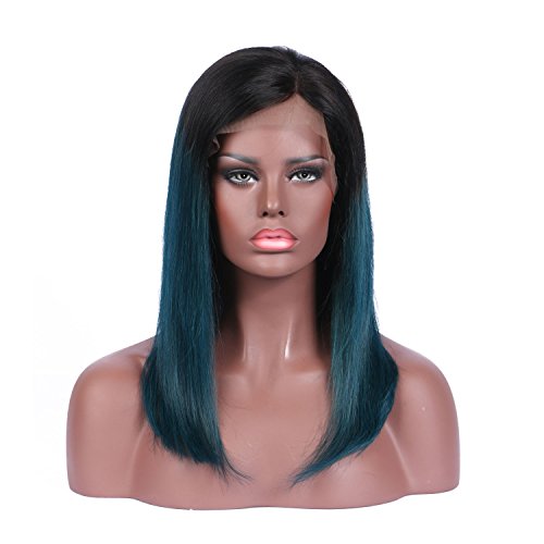 Beata Hair Bob Wig Human Hair Glueless Lace Front Wig for Women, 130% Density Brazilian Remy Hair Natural Hairline (Ombre 1B Green, 14inch)