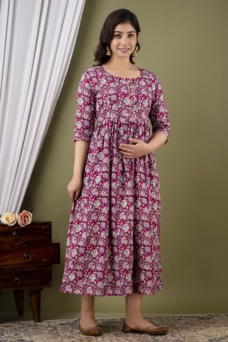 Image of Amazon Brand - Tavasya Women Botanical Floral Printed Maternity Midi Dress | Round Neck | 3 /4 Ruffle Sleeves | Concealed Feeding Zip | Gathered Tiered Nursing Dress