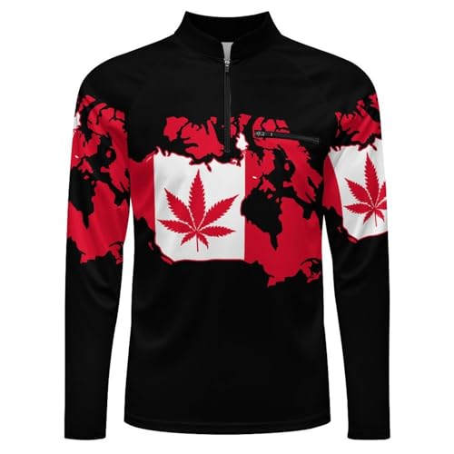 Marijuana Leaf on Canada Map Men's Rash Guard Long Sleeves Quick Dry Fishing Workout Shirts with Zipper4
