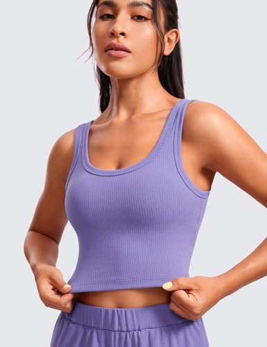 Image of CRZ YOGA Ribbed U Neck Crop Tank Tops | Medium Support, Removable Pads, Casual, Wide Straps, Longline Sports Bras for Women