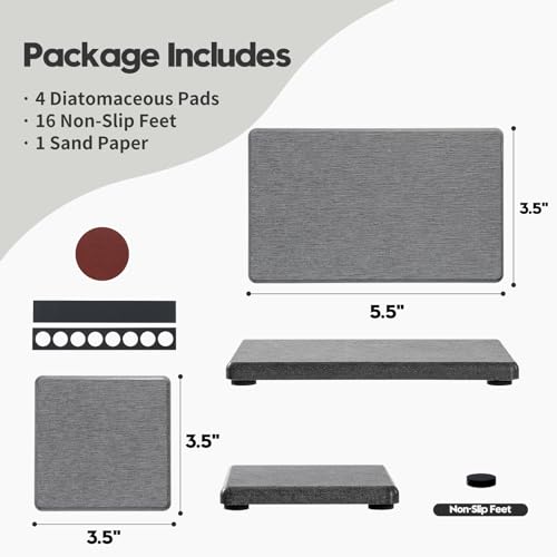 Image of 4PCS Water Absorbing Sponge Holder Diatomite Stone Sink Tray Mat, Quick Drying Kitchen & Bathroom Counter Tray Vanity Caddy, Diatomaceous Earth Dish Soap Dispenser Organizer, Dark Gray