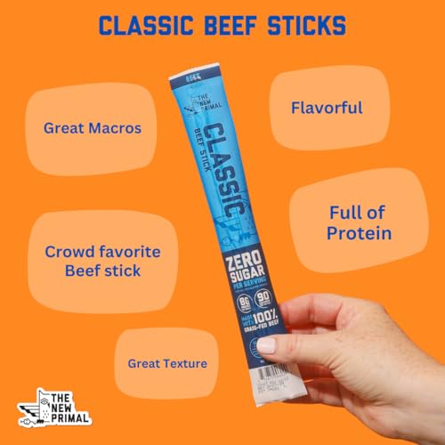 The New Primal Grass Fed Beef Sticks, Keto & Gluten Free Healthy Snacks for Adults, Sugar Free Low Carb High Protein Snack, Paleo Whole30 Jerky Meat Stick, 6g Protein, 80 Calories, 5 Pack