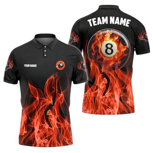 Personalized Billiard Polo Shirts for Men Women, 3D T Shirt Polo Hawaii Jersey for Pool Snooker Carom Player, Custom Name Billiard Jersey for Team, Fire Flame Effects Shirt for Team Members 001