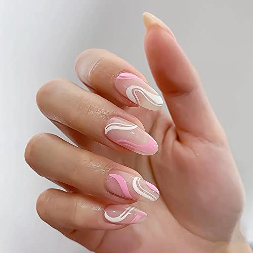 24 Pcs Press on Nails Medium Length, Sunjasmine Fake Nails Almond Glue on Nails, Stiletto False Nails with Glue, Acrylic Nails for Women and Girls (Pink Swirl)
