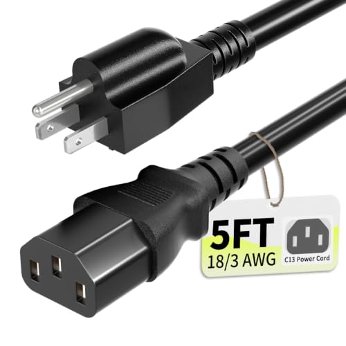 Power Cord 5ft(1.5m), 10 Amps 125 Volts 18AWG, 3 Prong AC Power Cord Cable for Electronics, TV, Computer, Printer, Radio, Monitor, Samsung, Dell, Vizio, LG, Asus, Laptop and More-ETL Listed
