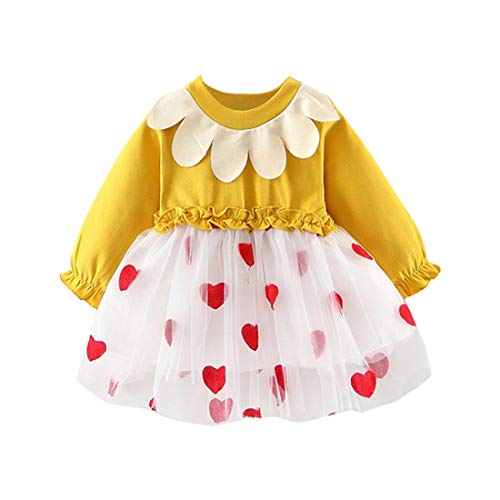 6M-3Y Toddler Baby Kids Girls Long Sleeve Doll Collar Frill Heart Print Mesh Stitching Mini Tutu Dress Princess Short Skirt (Yellow, 12-18 Months)