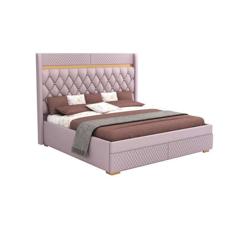 Image of MAMTA DECORATION Solid Wood Queen Size Bed with Hydraulic Box Storage | Premium Velvet Upholstered Tufted Headboard Double Bed |Wooden Cot Bed for Bedroom, Home, Hotel & Guest Room|Light Purple Finish