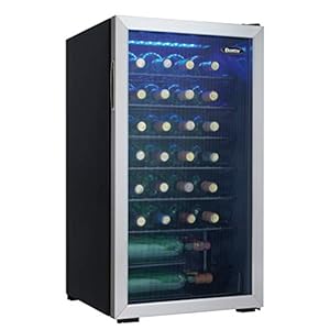 Danby DWC036A1BSSDB-6 3.3 Cu. Ft. Free Standing Wine Cooler, Holds 36 Bottles, Single Zone Fridge with Glass Door-Chiller for Kitchen, Home Bar, Stainless Steel