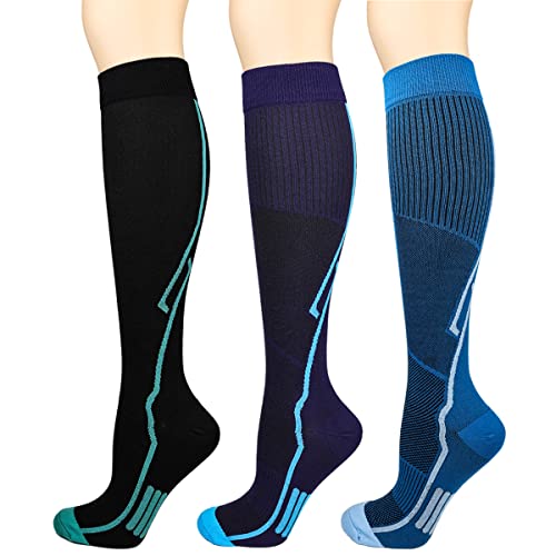 Kuzimua Lot de 3 Paires Chaussettes de Contention pour Hommes et Femmes, Chaussettes de Compression Sport Running Cyclisme Voyage en Avion et Grossesse de Maternité Récupération (M, Bleu+Vert+Gris) Cover