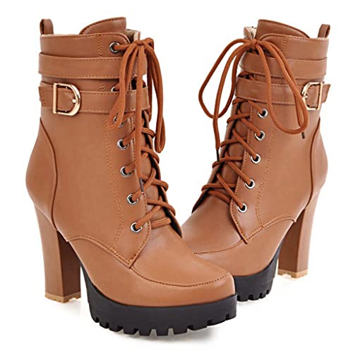 MIOKE Women's Round Toe Platform Dressy Ankle Boots Lace Up Zipper Chunky Block High Heel Dress Short Bootie3