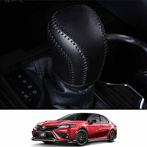 Rifoda for Camry Leather Gear Shift Knob Cover Trims Fit for Toyota Camry 2018 2019 2020 2021 Interior Accessories Protective Cover Decoration Black Leather with Black Thread