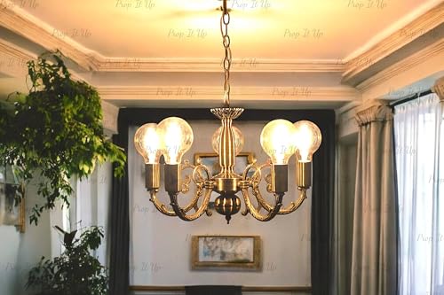 Image of Prop It Up Vintage Style Chandelier, 5-Light Pendant, Antique Brass Finish, Globe Bulb Design, Without Bulb
