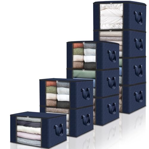 Image of Fab totes Storage Bags,Clothes Blanket Storage Bins Foldable Closet Organizers with Reinforced Handle for Home Dorm Storage and Organization,Fabric Bags for Organizing Sheets,Clothing (Blue,10 Pack)
