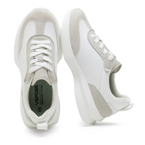 Image of Vepose Women's Retro Platform Sneakers Lightweight Lace Up Walking Shoes | Designer dressy chunky sneakers, memory foam cushioning, non slip sole, stylish woven or PU looks, work, travel, errands