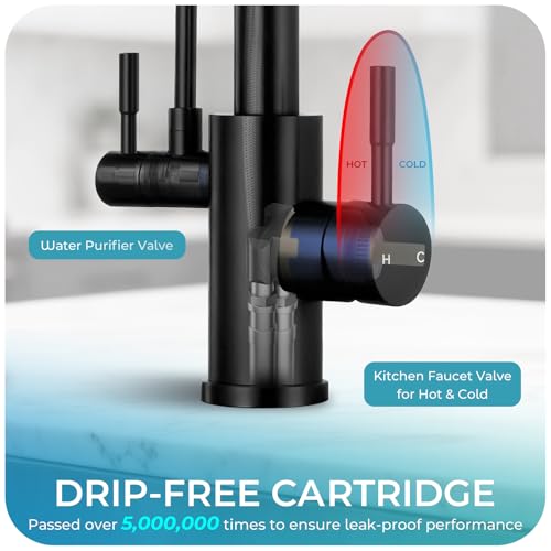 Image of Kitchen Faucets with Water Filter - Matte Black 2 in 1 2-Handle Kitchen Faucet with Pull Down Sprayer, High Arc Stainless Steel Pull Out Kitchen Sink Faucet with Deck for 1 or 3 Hole