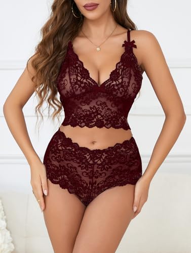 Image of Lilosy Sexy Lingerie for Women Lace Pajamas Set Cami Bra and Panty High Waist Sheer Sleepwear 2 Piece 2XS-6XL