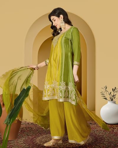 Image of Amazon Brand - Tavasya Women Poly Chinon Zari Sequence Cording Embroidered Regular Fit Kurta Set | Salwar Suit