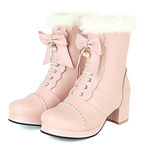 UniqueStride Women's Ankle Boots Platform Ankle Bootie with Chunky Block Heel Lace Up Faux Fur Winter Shoes