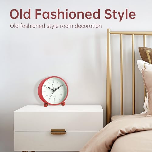 Image of Analog Alarm Clock, 4 inch Super Silent Non Ticking Small Clock with Night Light, Battery Operated, Simple Design, Old Fashioned Style Wine-red Decor, for Bedroom, Bedside, Desk, Adult, Gift, Red