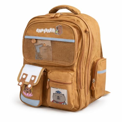 Capivara Mochila Escolar Impermeável, Grande, Infantil e Adulto, Marrom, Com Múltiplos Compartimentos, Alças Ajustáveis, Design de Personagem