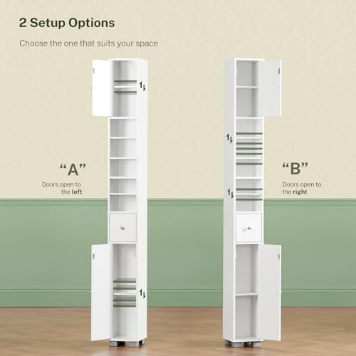 Image of TEENFON Bathroom Cabinet, Narrow Bathroom Storage Cabinet with 5 Adjustable Shelves & Drawer, Freestanding Cupboard for Small Spaces, White