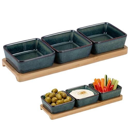 YuLiMirich Set di 3 ciotole per dip con tagliere in legno, ciotole per snack, ciotole in ceramica, ciotole per snack e salse, ciotole da dessert (verde)