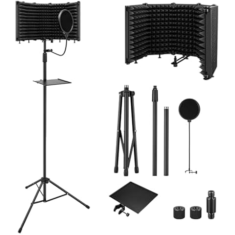 Moukey Microphone Isolation Shield with Pop Filter & Tripod Stand, Foldable Mic Shield with Triple Sound Insulation, High Density Mic Sound Shield for Recording Studio, Podcasts, Singing, Broadcasting Cover