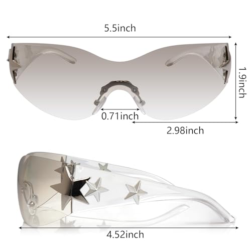 Nydotd 3 Pairs Y2K Sunglasses for Women Men, Rimless Star Trendy Wrap Around Frameless Sun Glasses 2000S Shield for Outdoor2