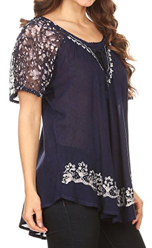 Image of Sakkas Ash Speckled Tiedye Embroidered Cap Sleeve Blouse Top with Embroidery Hems