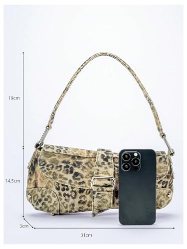 QWINEE Women's Y2K Leopard Print Shoulder Bag Denim Handbags Retro Cheetah Purses Top Handle Buckle Clutch Underarm Bag3