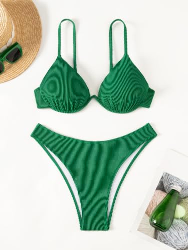 Image of Fanuerg Women Underwire Triangle Bikini Spaghetti Strap Push Up Swimsuit Cheeky Two Piece Bathing Suit