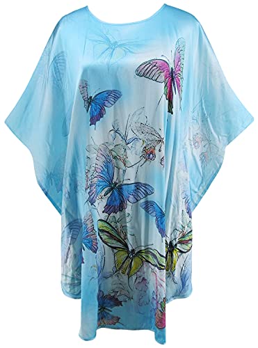 Ledamon Women's 100% Silk Short Robe Bathrobe Nightgown Pajama Sleepwear -Classic Batwing Sleeved (Silk, Light Blue)