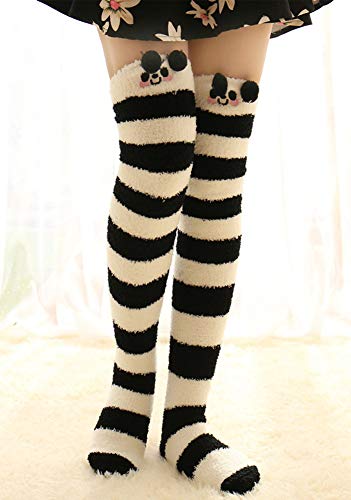 Image of Hotmiss Womens Thigh High Fuzzy Socks Cute Over the Knee Stockings Winter Warm Stripe Leg Warmers