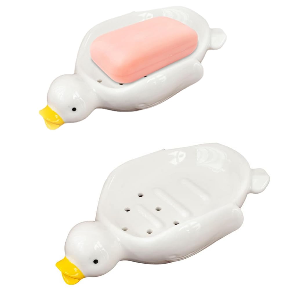 Azonee Ceramic Soap Dishes, Cute Cartoon Duck Soap Tray, Self Draining Soap Holder for Shower Bathroom Bathtub Kitchen Sink, Ceramic Tray Holder